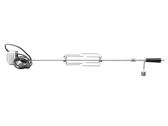 TrueFlame Rotisserie Kit for 25-Inch Grills with stainless steel motor, forks, counterbalance, and spit rod