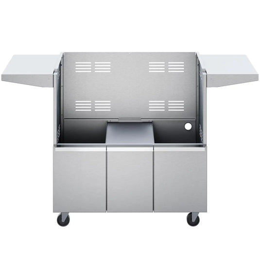 Twin Eagles 36-inch pellet grill cart with one storage drawer and two access doors, made of heavy-duty stainless steel