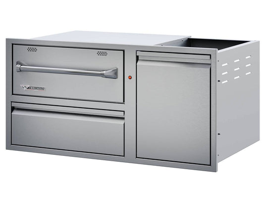 Twin Eagles 42-inch built-in outdoor warming drawer with utility drawer and roll-out trash propane bin stainless steel
