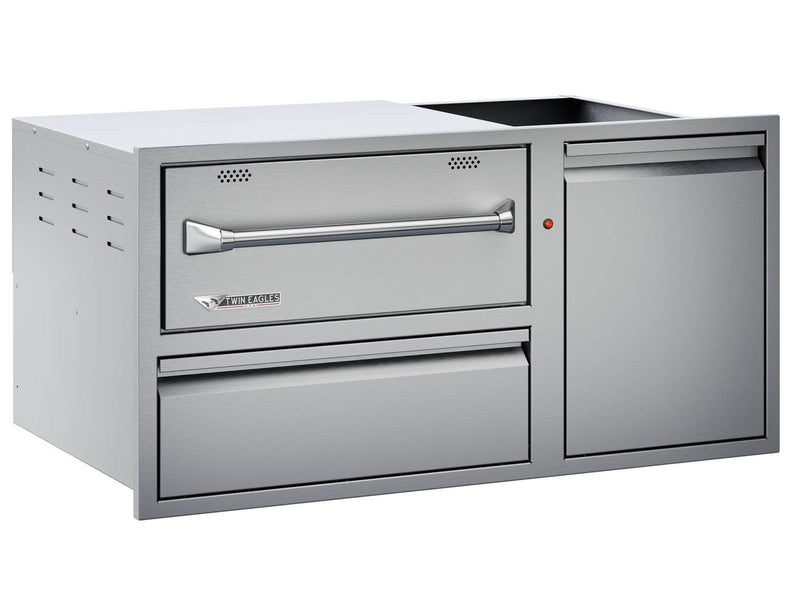 Load image into Gallery viewer, Twin Eagles 42-inch built-in outdoor warming drawer with utility drawer and roll-out trash propane bin stainless steel
