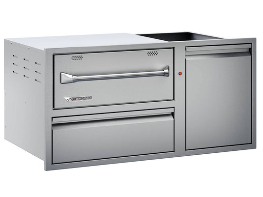 Twin Eagles 42-inch built-in outdoor warming drawer with utility drawer and roll-out trash propane bin stainless steel