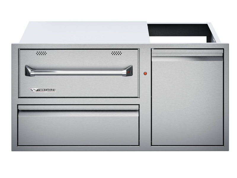 Load image into Gallery viewer, Twin Eagles 42-inch built-in outdoor warming drawer with utility drawer and roll-out trash propane bin stainless steel
