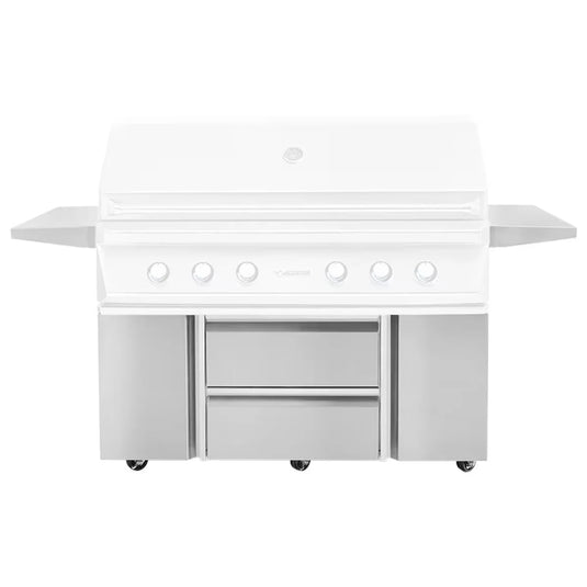 Twin Eagles 54-inch grill cart with two storage drawers and two access doors, constructed from heavy-duty stainless steel
