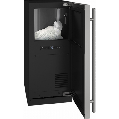 U-Line 15-inch 3 Class Nugget Ice Maker with interior water dispenser and stainless steel handle